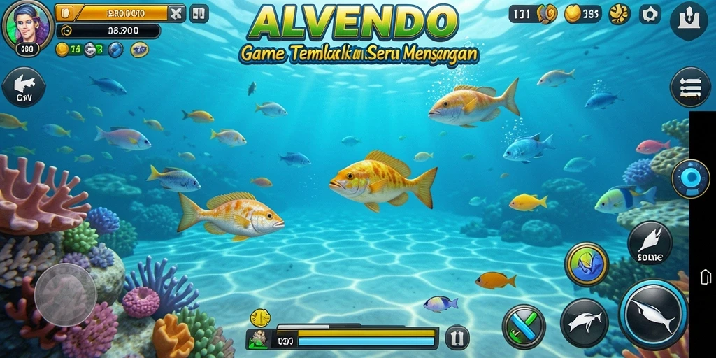Tampilan gameplay seru di ALVENDO saat menembak ikan.
