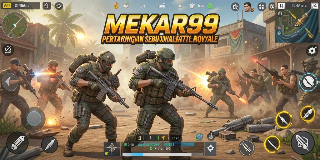 Gameplay MEKAR99 dengan pertempuran seru di medan perang.