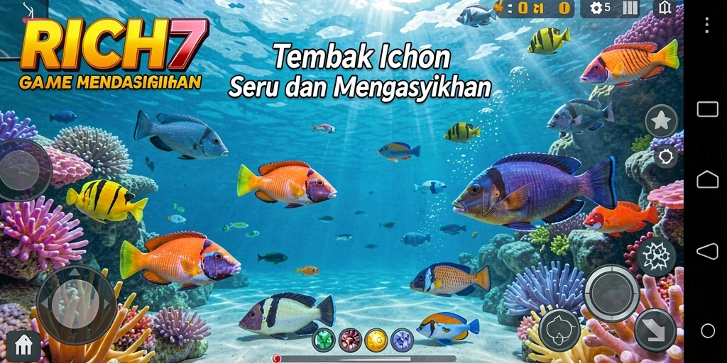 Screenshot menampilkan aksi menembak ikan di RICH7 dengan grafis yang cerah.
