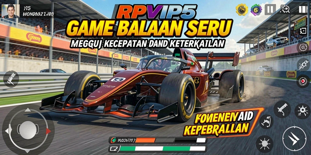 Tampilan gameplay menarik dari RPVIP5 dengan mobil balap di lintasan.