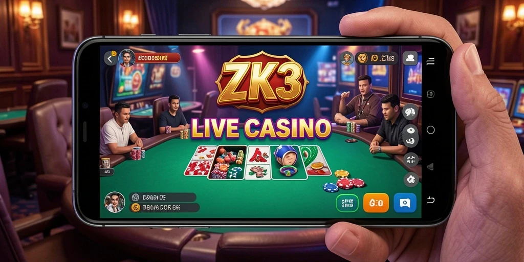 Screenshot gameplay ZK3 yang menunjukkan dealer dan suasana permainan Live Casino.